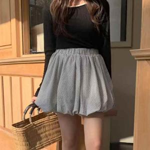 플레어 밴딩 벌룬스커트 여성 미니 치마바지 하이웨스트 체크치마
