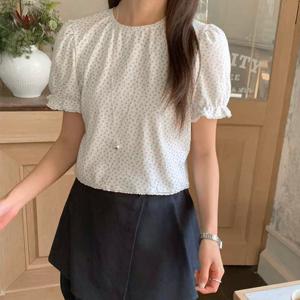 블라우스 반팔 레이스 셔링 퍼프 여성블라우스