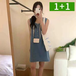 1+1 여성 버튼 포켓 미니 데님 나시원피스 여름 원피스