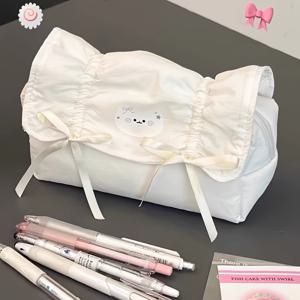 TEMU 시각적으로 매력적인 고양이 & 리본 디자인 대용량 필통 - 내구성 있는 폴리에스터 학교 용품 정리함 (여자아이, 청소년, 학생용) | 스타일리쉬한 문구 보관 가방, 넉넘치는 수납공간 | 재미있는 미적 감각의 쉬운 세탁 소재 펜슬 케이스 파우치|필통