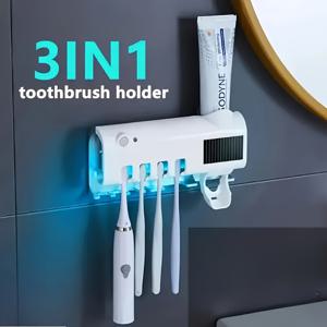 TEMU 1개 스마트 칫솔 홀더, 벽걸이형 4칸 슬롯 칫솔 보관 및 치약 디스펜서, 칫솔 벽걸이, 욕실 액세서리, 드릴 없는 칫솔 홀더, 짜기식 치약 디스펜서