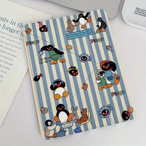 TEMU 펜 슬롯이 있는 귀여운 펭귄 만화 케이스 아이패드용 - 연한 파랑 & 흰색 줄무늬 디자인, 충격 방지 보호 커버 아이패드 6세대/7세대/8세대/9세대/10세대/11세대/12세대/13세대용, 접을 수 있고 미끄럼 방지, 귀여운 아이패드 케이스|아이패드파우치