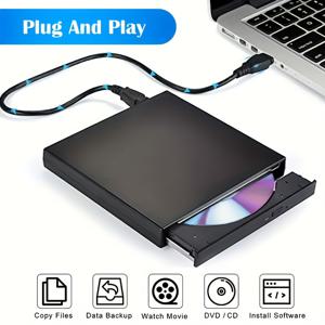 TEMU VVIA USB 3.0 슬림 외장 CD/DVD RW 드라이브 - 고속 버너 플레이어, 플러그 앤 플레이, 컴팩트 휴대용 디자인 (노트북 및 데스크탑용) - 블랙|CD플레이어
