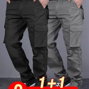 TEMU 남성용 캐주얼 카고 바지 2개 - 블랙과 카키, 다수의 포켓, 신축성 있는 허리끈, 하이킹, 낚시, 스트리트 스타일, 야외 캠핑에 완벽한 | 올 시즌 편안함, 야외 캐주얼웨어 | 리라ックス 피트 팬츠 | 다수의 포켓 팬츠