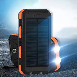 TEMU LED 라이트가 있는 휴대용 태양광 파워 뱅크 10000mAh, 듀얼 USB 충전 포트, 범용 여행 어댑터, 남성-여성 커넥터, 충전식 리튬 폴리머 배터리, 비상 야외 충전기|보조배터리