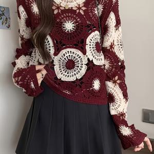 TEMU 여성용 레드 크로셰 긴팔 상의 - 세밀한 꽃무늬가 있는 홀로우 디자인, 가벼우면서 통기성이 좋으며 캐주얼한 옷, 파티, 휴일에 적합한 크로셰 키트