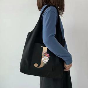 TEMU 여자 쇼핑 가방 식료품 핸드백 뜨거운 꽃 골드 편지 패턴 캔버스 휴대용 한 가방 여자 토트 백|에코백