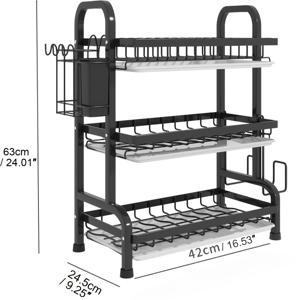 TEMU [1pc 3-Tier Metal Dish Rack] 1pc 현대적인 3-Tier 금속 접시 랙, 배수판이 있는, 주방 정리용품 거치대 및 컵 스탠드가 있는 탄소 스틸 주방 정리용품, 카운터탑 또는 싱크 스토리지용