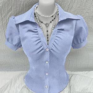 TEMU 1pc 우아한 여성용 캐주얼 V넥 폴리에스테르 셔츠, 100% 폴리에스테르 직조 직물, 성인용 여름 버튼 업 블라우스
