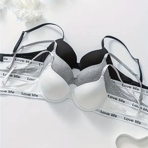 TEMU 3개 세트 레터 프린트 언더와이어 브라, 섹시하고 편안한 푸시업 통기성 브라, 여성용 란제리 & 속옷