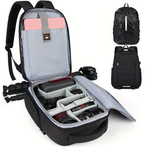 TEMU DSLR SLR 미러리스 카메라용 프로페셔널 카메라 백팩, 14인치 래인커버 포함 대용량 방수 여행용 카메라 케이스 대형 포토그래피 백팩 (흑색)