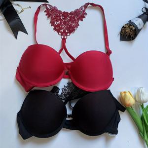 TEMU 여성용 프론트 클로저 언더와이어 브라 2개 세트 - 레이스 트림이 있는 푸시업 조절 가능한 티셔츠 브라, 중간 지지력 비분리 패드, 일상 및 특별한 날을 위한 레드 & 블랙, 우아한 란제리 | 부드러운 원단 브라