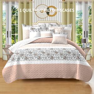 TEMU 2/3pcs 퀼트 컴포터 세트, 1개 침대 커버 및 1/2개 베개 커버 (채워지지 않은 채로) 포함. 부드럽고 통기성이 좋은 침구. 침실, 객실 및 기숙사에서 사용하기에 적합. 가을과 겨울에 이상적. 모든 계절에 사용할 수 있는 퀼트 세트 (트윈-XL, 퀸-XL, 킹-XL, 캘리포니아 킹-XL)로, 분홍색 꽃 무늬가 특징입니다.