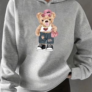 TEMU 여성용 귀여운 만화 곰 프린트 후드티, 캥거루 포켓 - 가을 & 겨울에 완벽한 캐주얼 롱 슬리브 풀오버, 레저 스타일, ALL/글로벌/모든
