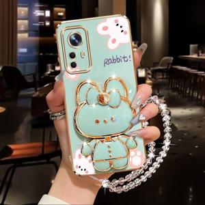 TEMU Mi12T 손목 스트랩 랜야드 메이크업 거울 토끼 폰 홀더 케이스 Xiaomi Mi 12T용 스탠드 백 커버