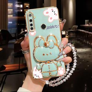 TEMU Realme5Pro 손목 스트랩 랜야드 메이크업 미러 토끼 폰 홀더 케이스 Oppo Realme 5 Pro 스탠드 백 커버용