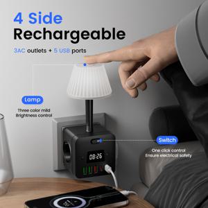 TEMU 시계와 멀티펑셔널 LED 책상등, 3개의 콘센트, 3개의 USB 포트, 2개의 Type-C, 과부하 보호, 조절 가능한 밝기, 시간 표시, 온/오프 스위치, 유럽 플러그, 가정, 사무실, 호텔, 여행용 220-240V 블랙 & 화이트|멀티탭