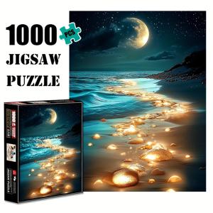TEMU 야광 비치 직소 퍼즐, 성인용 1000피스 대형 종이 퍼즐, 두뇌를 자극하는 DIY 장식 게임, 가족 상호작용 장난감, 혼합 색상, 야간 조명, 퍼즐 장난감