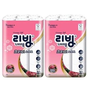 [15%즉시할인]리빙 크리미 3겹 화장지 피오니부케향(NEW) 25M 30롤x2 팩/휴지/두루마리