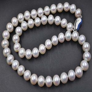 화려하고 광택 9-10mm 화이트 진짜 진주 목걸이, 925 걸쇠