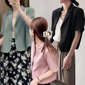 여름 반팔 카라넥 기본 베이직 크롭 루즈핏 자켓 브이넥 싱글단추 데일리룩 데이트룩