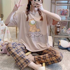 쉬블림로브 (반팔+긴바지) 여성 고양이 캐릭터 체크 꿀잠 홈웨어 파자마 잠옷 세트 GWD0238