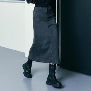 슬릿 워시드 롱 데님 스커트 흑청