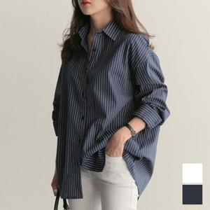 여성 깔끔한 세로 스트라이프 기본 셔츠 루즈핏 남방