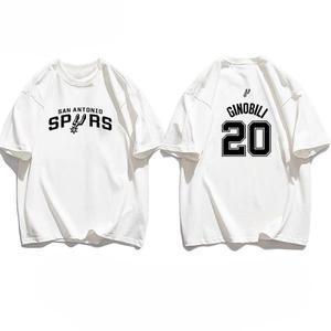 2025 Spurs 20 Ginobili 농구 반 코튼 루즈 숄더 티셔츠 남성용 하프 슬리브 스포츠 의류