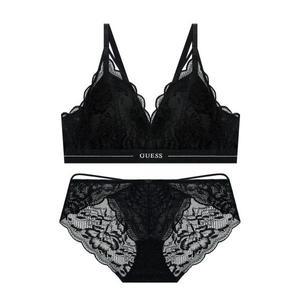 GUESS UNDERWEAR [브라1+팬티2] 스트링 레이스 브라렛 팬티 세트 - 블랙