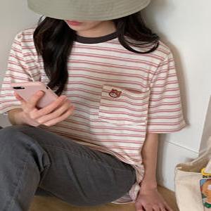 포켓 베어 배색 오버핏 단가라 반팔 티셔츠 (3color)