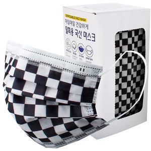 국산 비말차단용 마스크 멜트블로운 MB필터 3중구조 일회용 대형 블랙 그레이 체크 패턴 30매