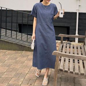 데님 반팔 롱 원피스 무지 라운드넥 A라인 여성 빅사이즈
