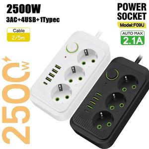 5M/2M EU 플러그 AC 콘센트 전원 스트립 여행용 얇은 멀티탭 연장선 USB 포트 전기 소켓 고속 충전 네트워크 필터 어댑터