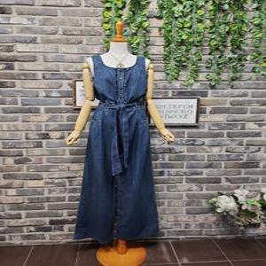 민소매 프릴라인 벨트 데님 청 점프수트