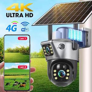4G Sim 카드 태양 광 카메라 듀얼 렌즈 야외 8MP 4K 저전력 배터리 IP 카메라 PIR 야간 투시경 V380 Pro CC