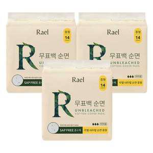 라엘 무표백 순면 생리대, 중형, 14P, 3개