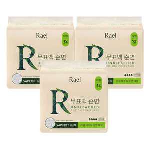 라엘 무표백 순면 생리대, 대형, 12P, 3개
