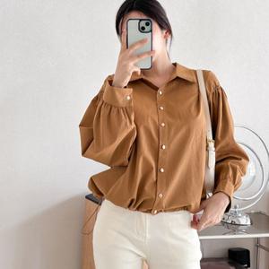 [옷자락]여자 가을남방 무지 코튼 벌룬 스모킹 드로우코드 셔츠