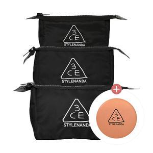 3CE 파우치 블랙 3종(미니+스몰+기본)+로고 라운드 미러