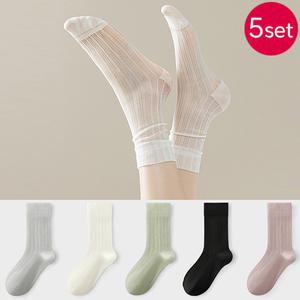 5켤레 핀프리 자수 펀칭 시스루 여성 중목 양말