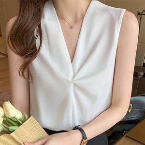 화이트 블라우스 여성 여름 민소매 흰색 브이넥 쉬폰 셔츠