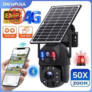 SHIWOJIA 태양광 보안 카메라 야외 와이파이 패널 듀얼 렌즈 PIR 인간 추적 비디오 CCTV 4G SIM 50X 줌 360