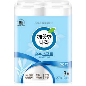 깨끗한나라 데코 순수 소프트 화장지 3겹 27m 12롤 1팩