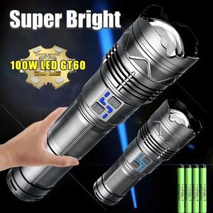 강력한 LED 손전등 장거리 전술 손전등 전원 디스플레이 포함 야외 캠핑 USB 충전식 줌 토치 100W GT60