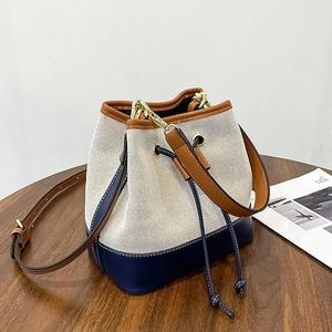 여성 예쁜 투톤 레더 캔버스 복조리 크로스백 버킷백