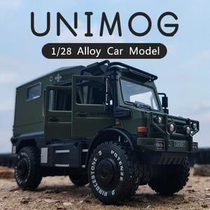 1/28 UNIMOG U4000 캠핑카 합금 크로스 컨트리 투어링 모델 다이캐스트 장난감 오프로드 차량 사운드 및 키