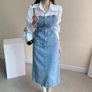 레이어드 셔츠 배색 데님 롱원피스 TS188