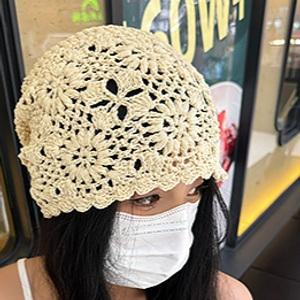 여름 니트 모자 여성용 버킷햇 손뜨개 블루 꽃모양