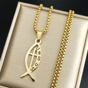 여성목걸이 Ichthys 예수 물고기 십자가 그리스도 여성을위한 신 펜던트 목걸이 남성 스테인레스 스틸 골드